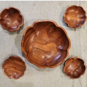 Vintage Solid Wood Bowl Serving Set Of 5 Salad Handcrafted 70s Kitchen Boho MCM